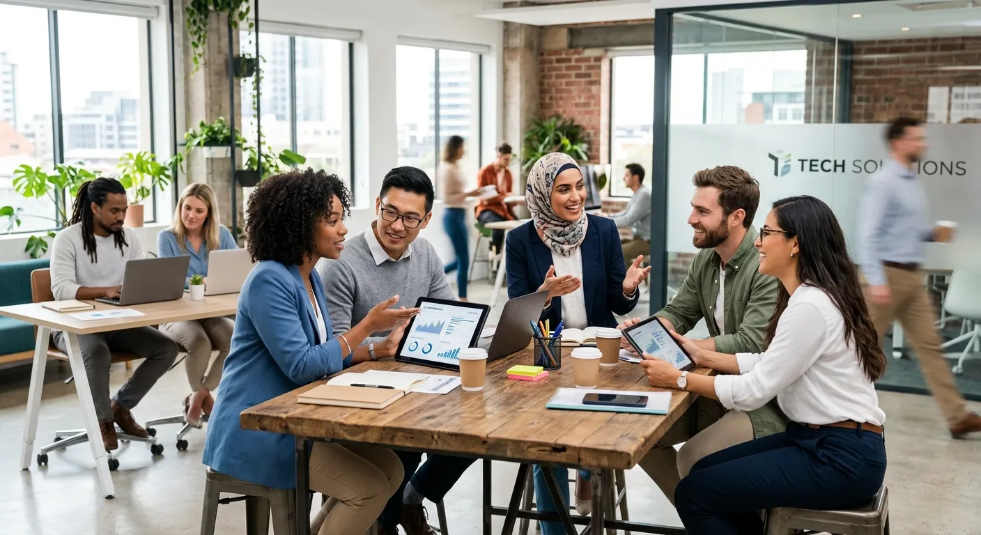 A diverse group of modern professionals in a bright, collaborative office setting, some reviewing da... A diverse group of modern professionals in a bright, collaborative office setting, some reviewing data on tablets, others in discussion. Style: Vibrant, professional, and dynamic. Mood: Energetic and forward-thinking.
