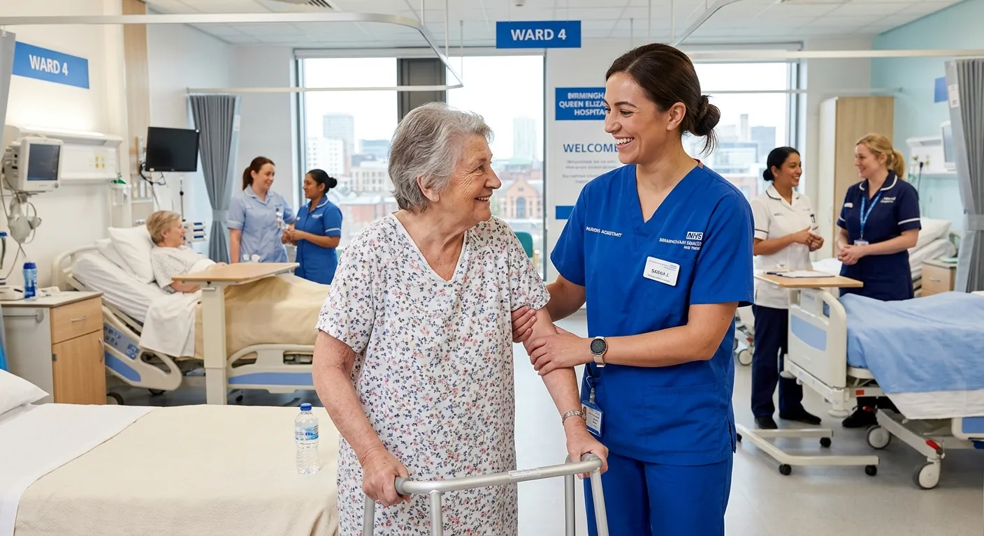 A professional, friendly Nursing Assistant in a modern healthcare setting in Birmingham, smiling whi... A professional, friendly Nursing Assistant in a modern healthcare setting in Birmingham, smiling while assisting a patient, conveying trust, care, and a positive work environment.