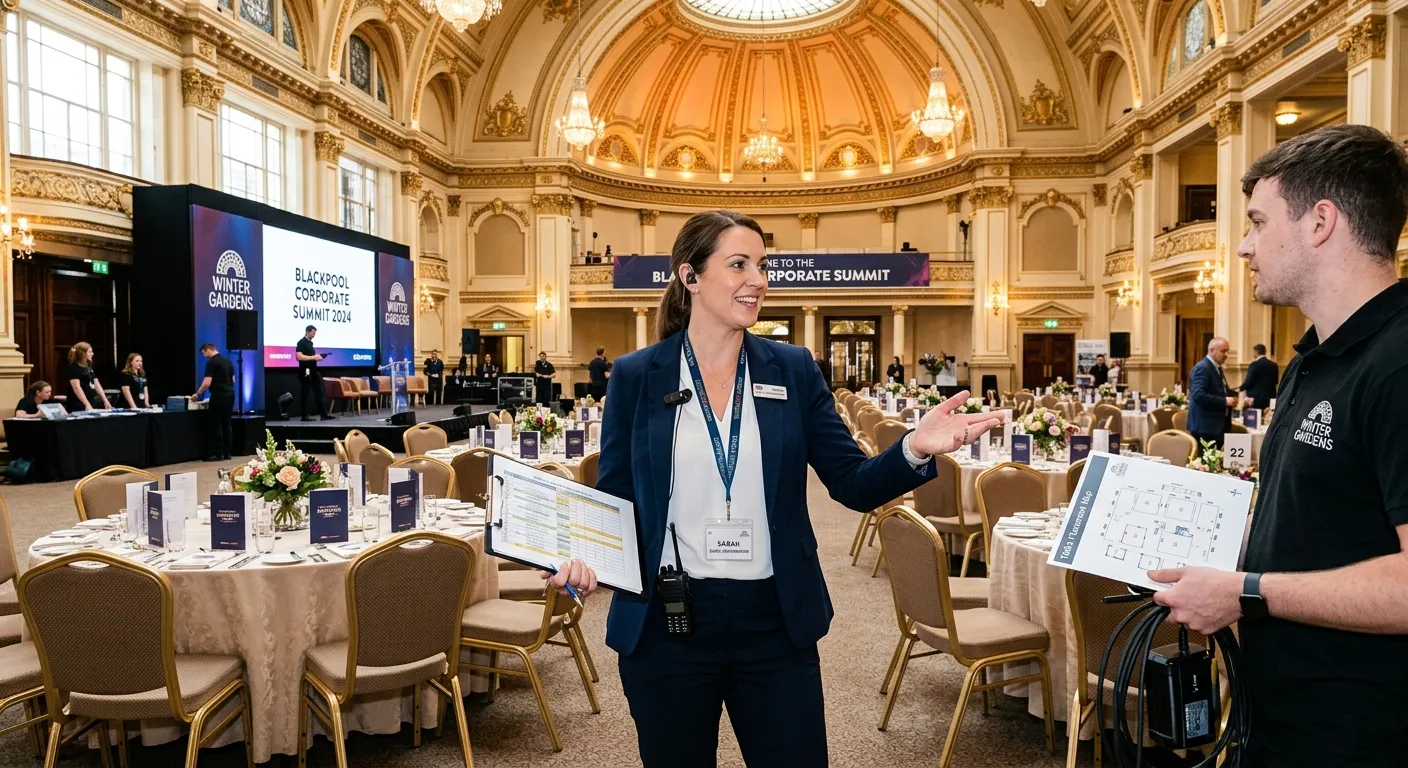 A professional, confident Event Coordinator in Blackpool, managing a successful corporate event setup at a local venue like the Winter Gardens, showing organisation and leadership.