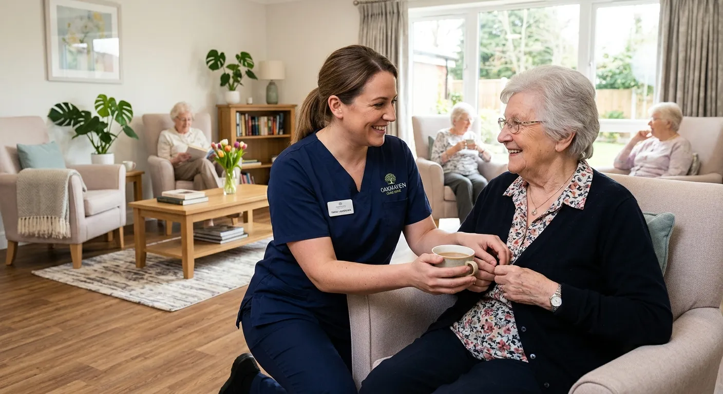 A compassionate, professional Care Home Staff member assisting an elderly resident with a warm smile... A compassionate, professional Care Home Staff member assisting an elderly resident with a warm smile in a bright, clean care home lounge. The image should evoke trust, care, and a professional healthcare environment.
