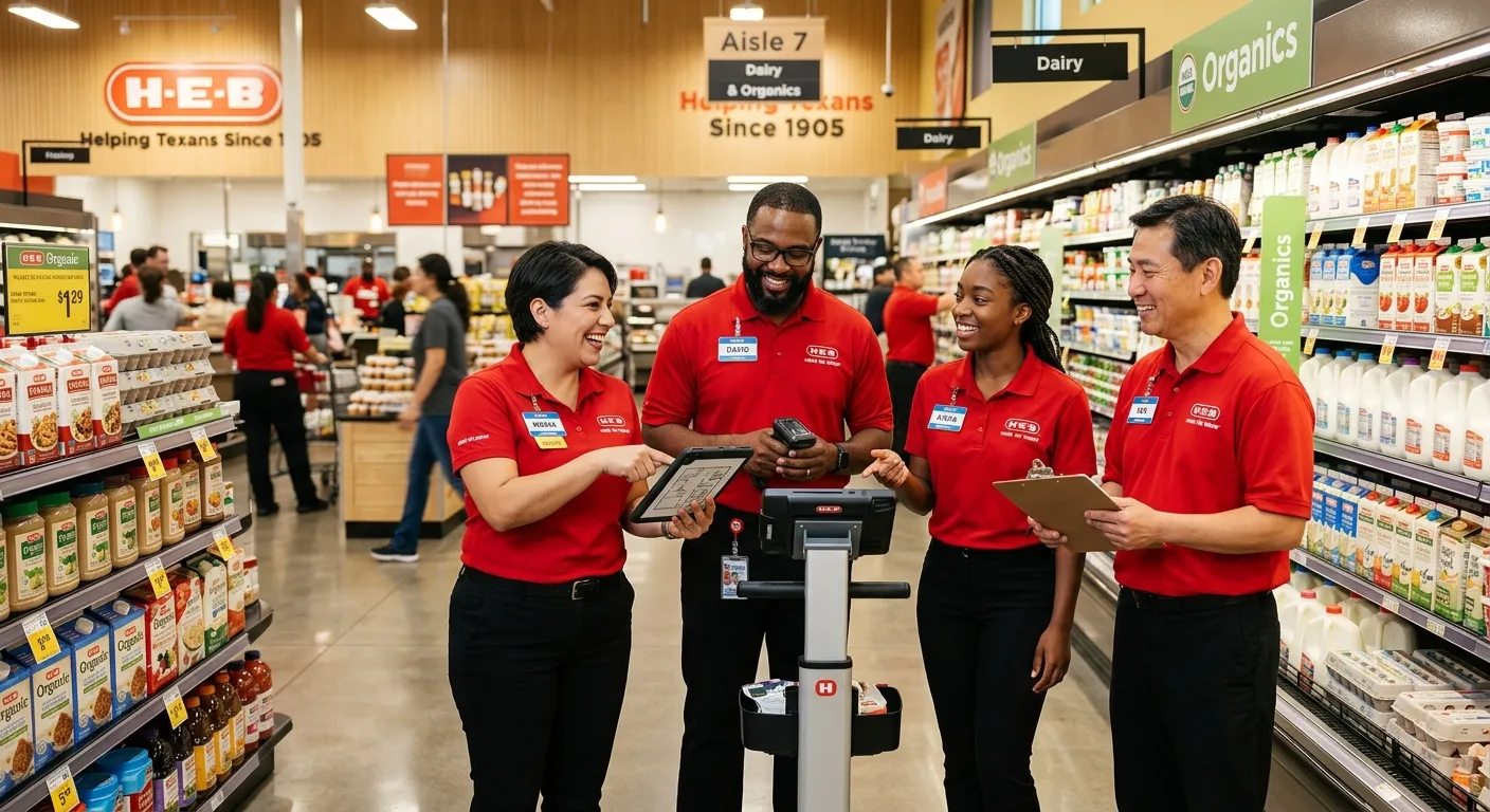A professional, well-lit photograph of a diverse team of supermarket employees in HEB-branded attire collaborating in a modern grocery store, focusing on teamwork and a positive work environment. Style: Corporate, welcoming, high-quality.