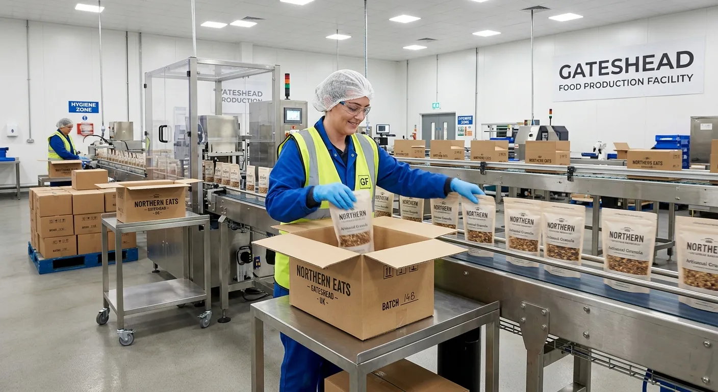 A professional, well-lit photograph of a modern, clean food production packing line in a Gateshead-b... A professional, well-lit photograph of a modern, clean food production packing line in a Gateshead-based facility. A worker in safety gear is efficiently packing finished goods into boxes, conveying a sense of order, hygiene, and productivity.