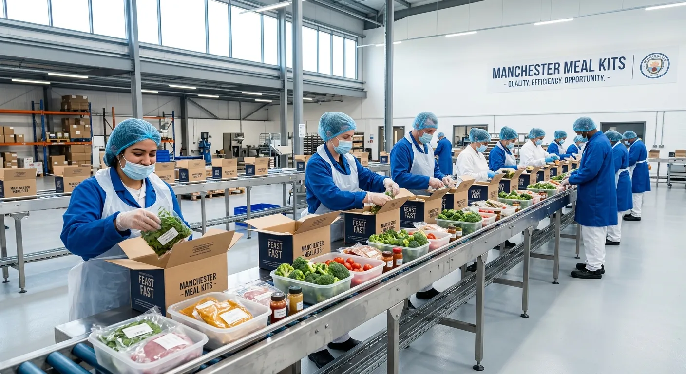 Professional photo of a modern, clean food production line in Manchester with operatives in hygienic PPE assembling meal kits, bright and well-lit, conveying efficiency and opportunity
