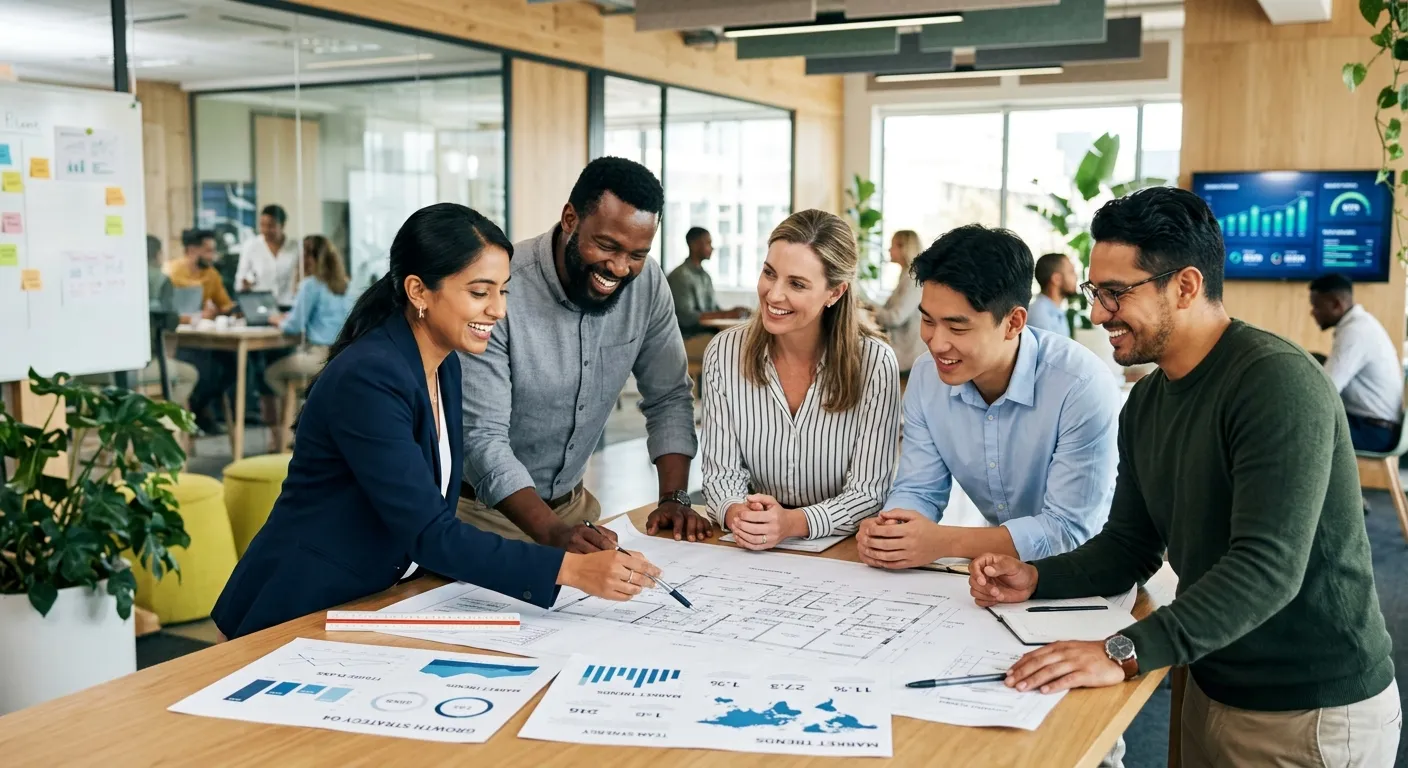 A professional, diverse group of employees collaborating in a modern office environment, smiling and looking at a blueprint or data chart, symbolizing teamwork and long-term business growth. Style: Bright, professional, aspirational mood.