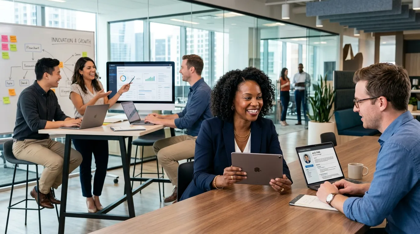 A dynamic, professional hero image showing a diverse group of professionals collaborating in a modern office, with a hiring manager smiling while reviewing a candidate profile on a tablet. Style: High-energy, corporate, and inclusive. Mood: Confident, efficient, and forward-thinking.