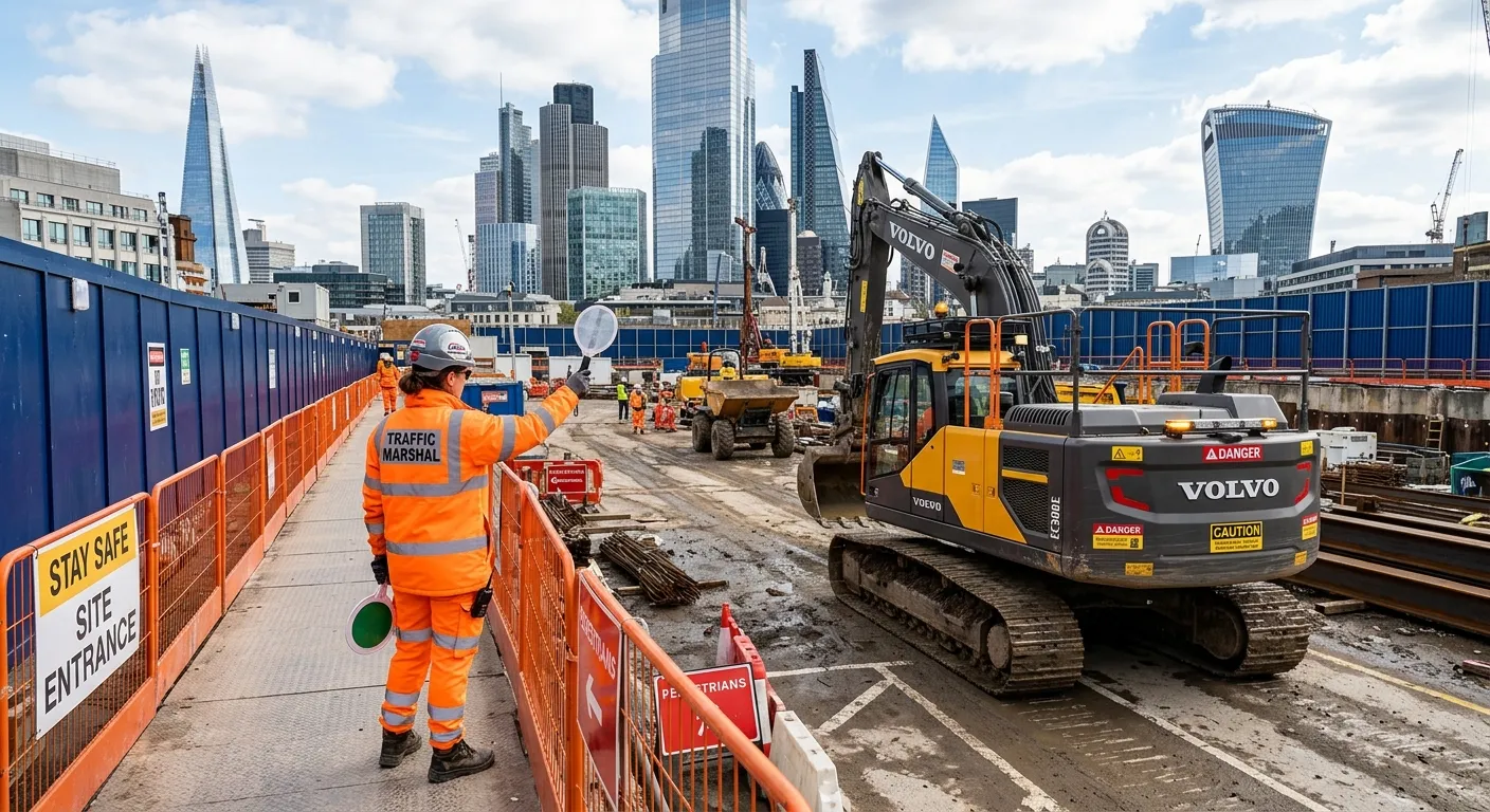 Professional, high-angle shot of a Traffic Marshal in high-visibility PPE, safely directing a large construction vehicle on a busy, active building site in the City of London, with modern skyscrapers in the background. The image should convey safety, professionalism, and urban construction.