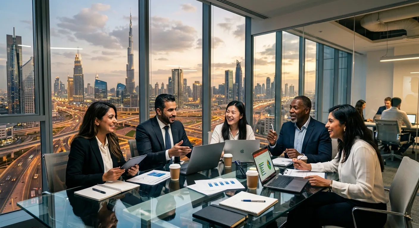 A professional, high-energy photograph of a diverse team of business professionals in a modern Dubai office skyline setting, collaborating around a glass table. The mood is confident, successful, and forward-looking.