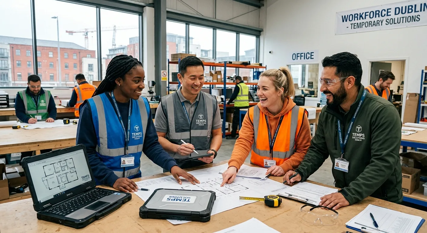 A professional, dynamic shot of a diverse team of temporary workers in a modern Dublin office or light industrial setting, smiling and collaborating. Style should be bright, energetic, and convey reliability and action.