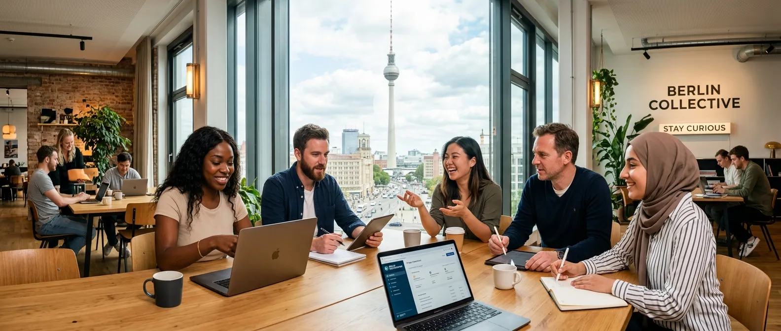 A dynamic, professional hero image showing a diverse team of skilled professionals collaborating in a modern Berlin co-working space, with iconic Berlin architecture (like the TV Tower or Brandenburg Gate) subtly visible through a window. Style: Bright, crisp, and aspirational.