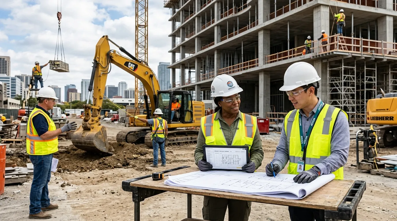 A dynamic, high-resolution hero image showing a diverse construction site team in action. A site manager reviews plans with an architect, while skilled workers operate machinery in the background. The mood is professional, collaborative, and industrious, with a focus on modern safety gear and technology.