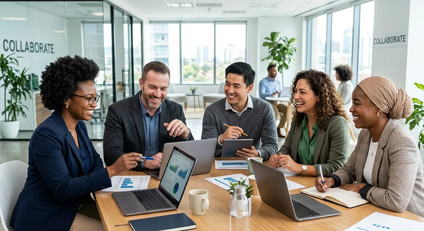 A diverse, professional team in a modern office environment, smiling and collaborating around a table. Style: Bright, professional, high-resolution, conveying stability and teamwork.