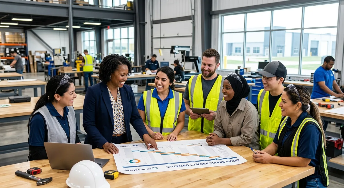 A dynamic, professional photo of a diverse group of temporary workers and a hiring manager collabora... A dynamic, professional photo of a diverse group of temporary workers and a hiring manager collaborating in a modern Cedar Rapids office or light industrial setting, smiling and reviewing a project plan. Style: Bright, optimistic, professional.