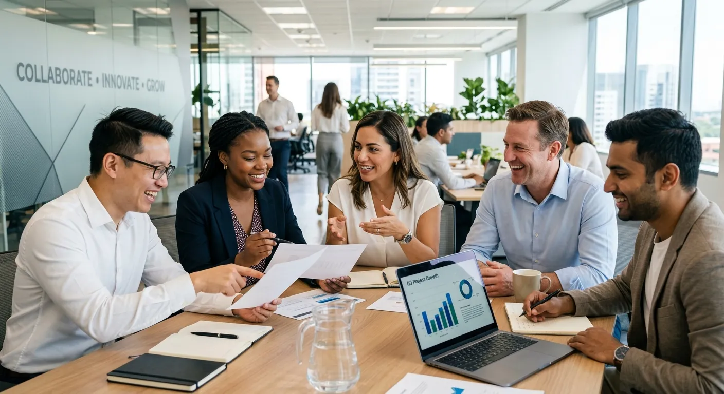 A professional, diverse team of employees collaborating in a modern office environment, smiling and discussing a project. Style: Bright, professional corporate photography with a focus on teamwork and positive culture.