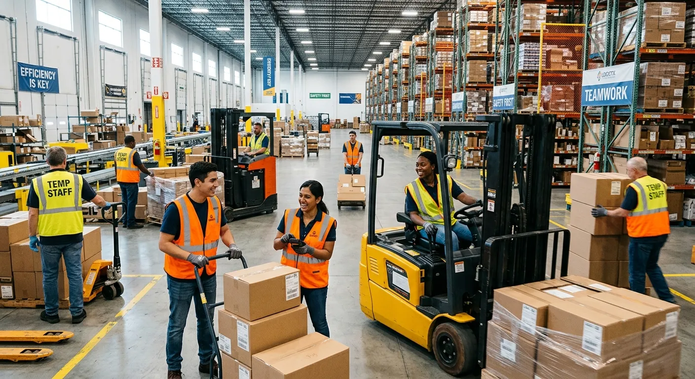 A dynamic, high-energy shot of a modern, brightly lit warehouse. A diverse team of temporary staff in high-visibility vests are efficiently moving boxes with forklifts and hand carts, smiling and collaborating. The image conveys productivity, scale, and modern logistics.