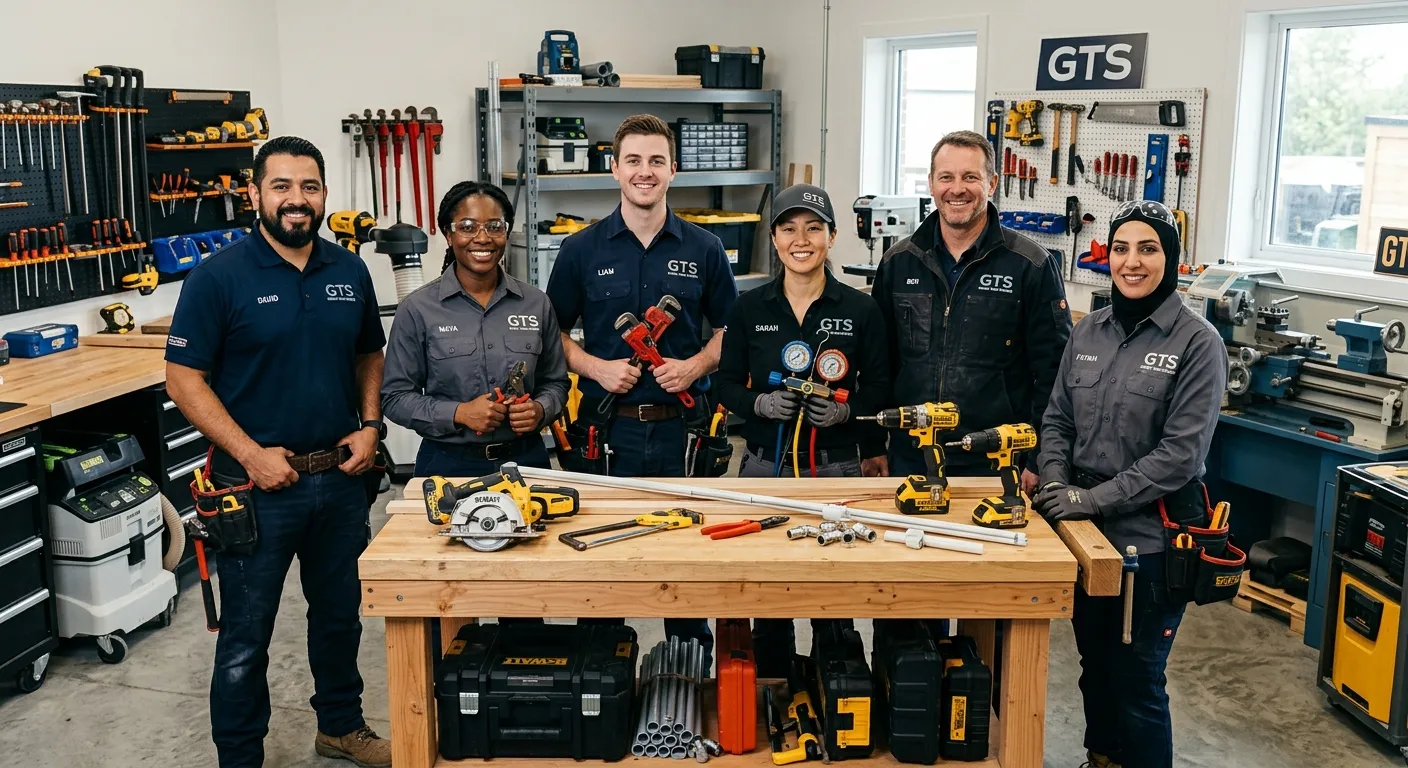 A professional, diverse team of skilled handymen and tradespeople in a modern workshop, smiling at the camera. They are wearing clean, branded workwear and are surrounded by high-quality tools. The mood is confident, reliable, and skilled.
