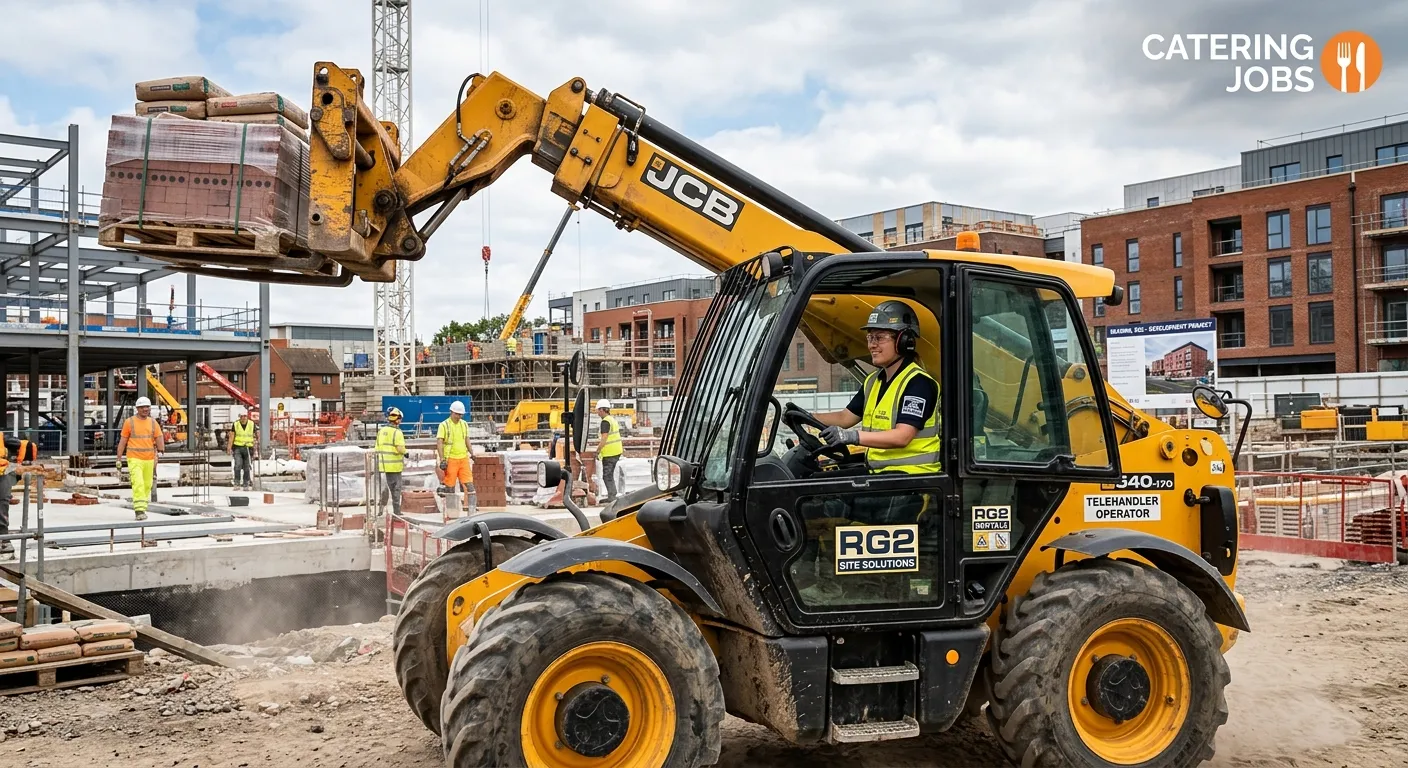 A professional, action-oriented hero image showing a Telehandler Operator in a high-visibility vest... A professional, action-oriented hero image showing a Telehandler Operator in a high-visibility vest competently operating a telehandler on a busy construction site in Reading RG2, with the Catering Jobs logo subtly placed in the corner. The image should convey safety, skill, and immediate opportunity.