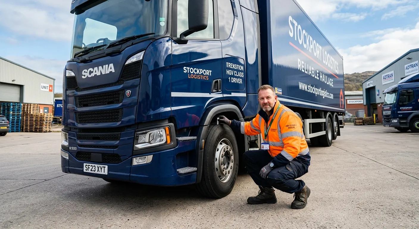 A professional HGV Class 1 Driver in high-visibility clothing, performing a vehicle check on a clean... A professional HGV Class 1 Driver in high-visibility clothing, performing a vehicle check on a clean, modern articulated lorry in an industrial estate in Stockport. The image should convey reliability, professionalism, and readiness for work.