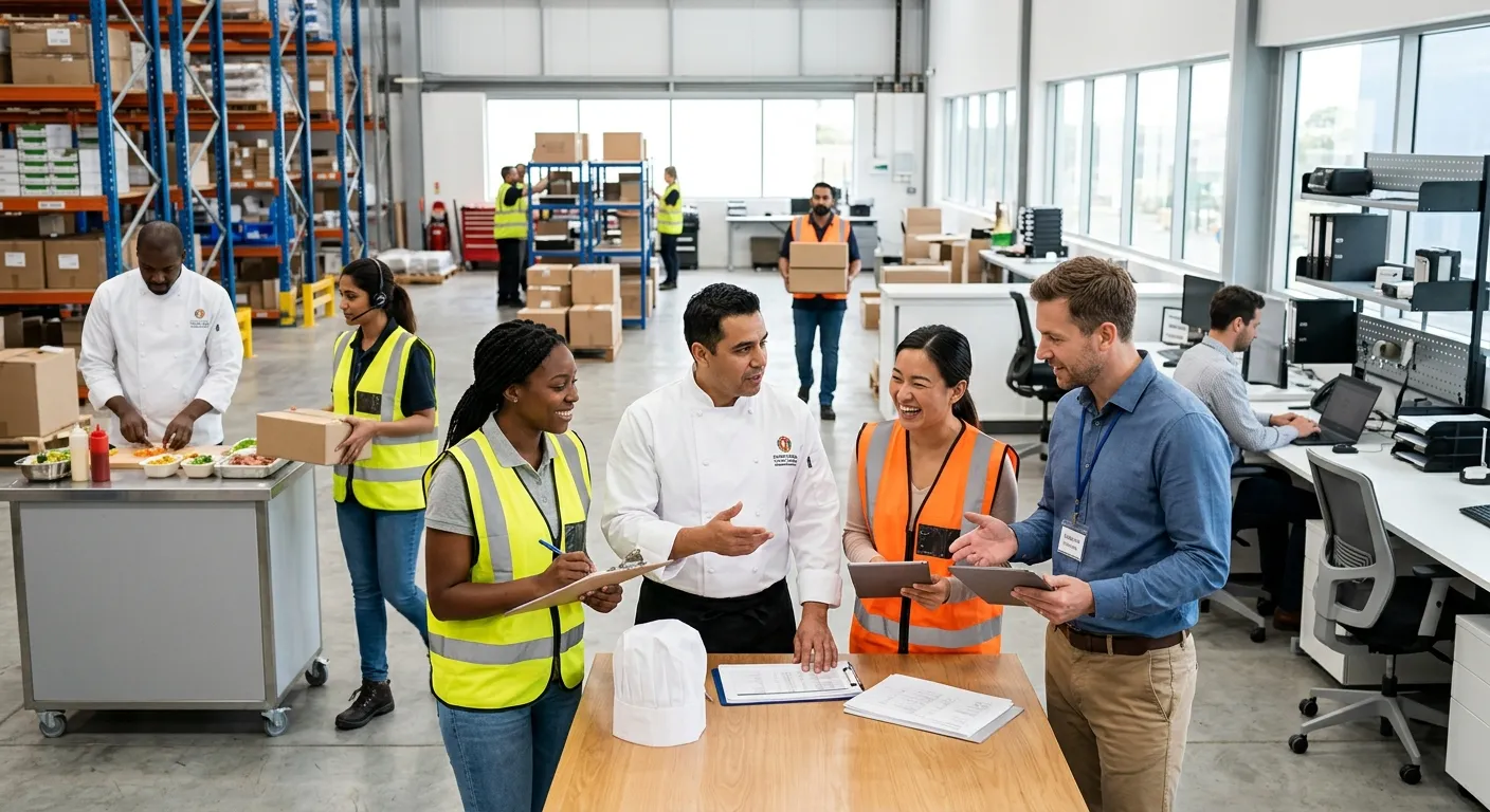 A dynamic, professional photo of a diverse group of temporary workers in various uniforms—chef jackets, high-vis vests, and business casual—collaborating in a modern, bright office or warehouse environment. Style is authentic and energetic, mood is productive and efficient.