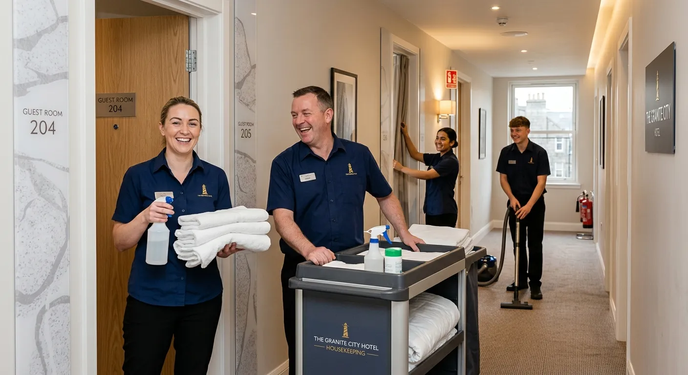 A professional, welcoming photo of a team of housekeeping staff in crisp uniforms, smiling and working together in a clean, modern hotel corridor in Aberdeen. The image should convey professionalism, teamwork, and a positive work environment.