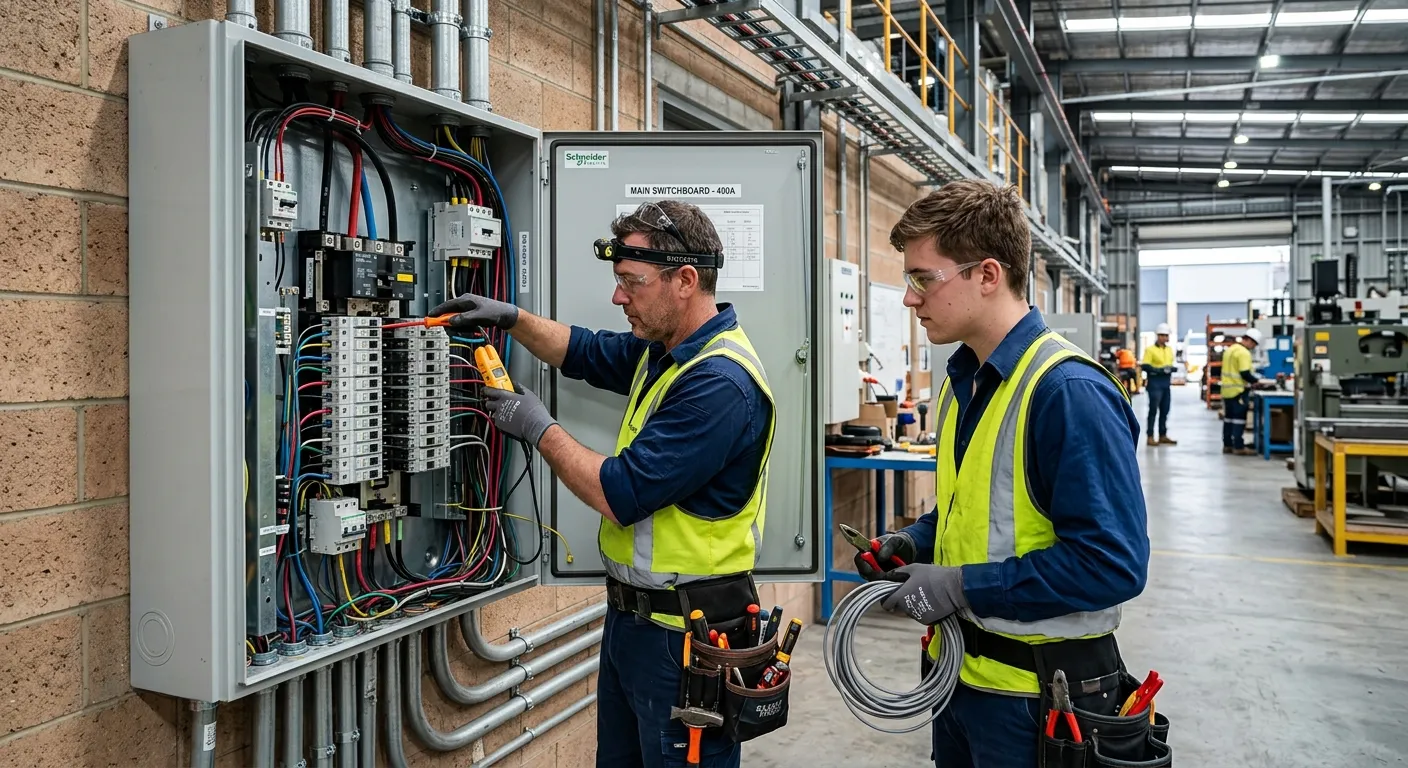 A professional, high-contrast image of an Electrician Mate and a qualified electrician working collaboratively on a commercial electrical panel in a well-lit, modern industrial setting. The mood is focused, skilled, and efficient.