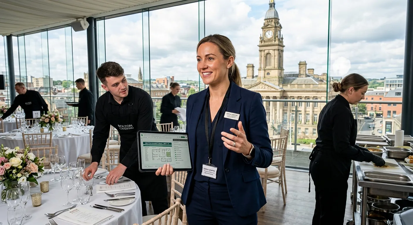 Professional and energetic photo of a project manager in a Bolton-based catering or event setting, overseeing a team and planning documents on a tablet. The mood is organised, confident, and dynamic, with a local Bolton landmark subtly visible in the background.