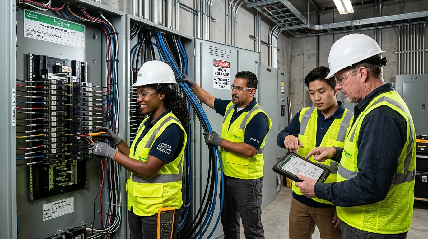 A professional, high-contrast hero image featuring a diverse team of certified electricians collaborating on a modern commercial electrical panel installation. Style: Professional, well-lit, with a focus on safety gear and technical competence. Mood: Authoritative, skilled, and reliable.