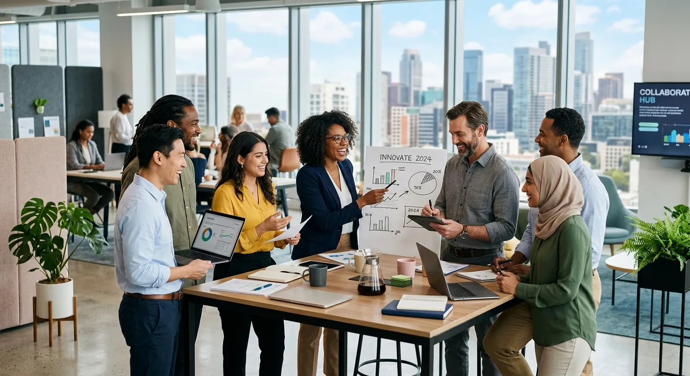 A diverse group of professionals in a modern office environment, collaborating and smiling. Style: professional, bright, and welcoming. Mood: confident, successful, and forward-thinking.