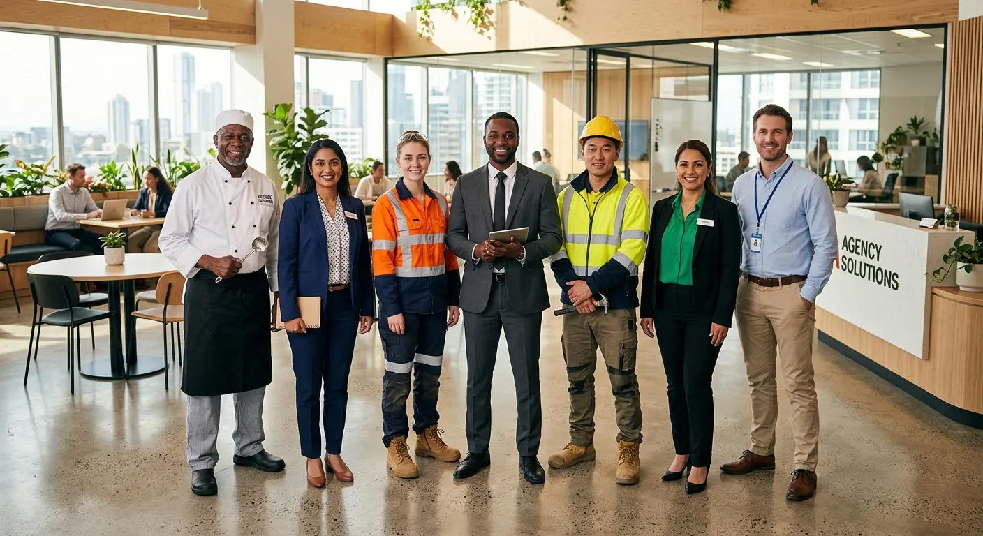 A diverse group of professional agency workers in various uniforms - chef whites, high-vis jackets, and smart office attire - standing confidently together in a modern, sunlit workspace, symbolizing the flexibility and range of agency talent.