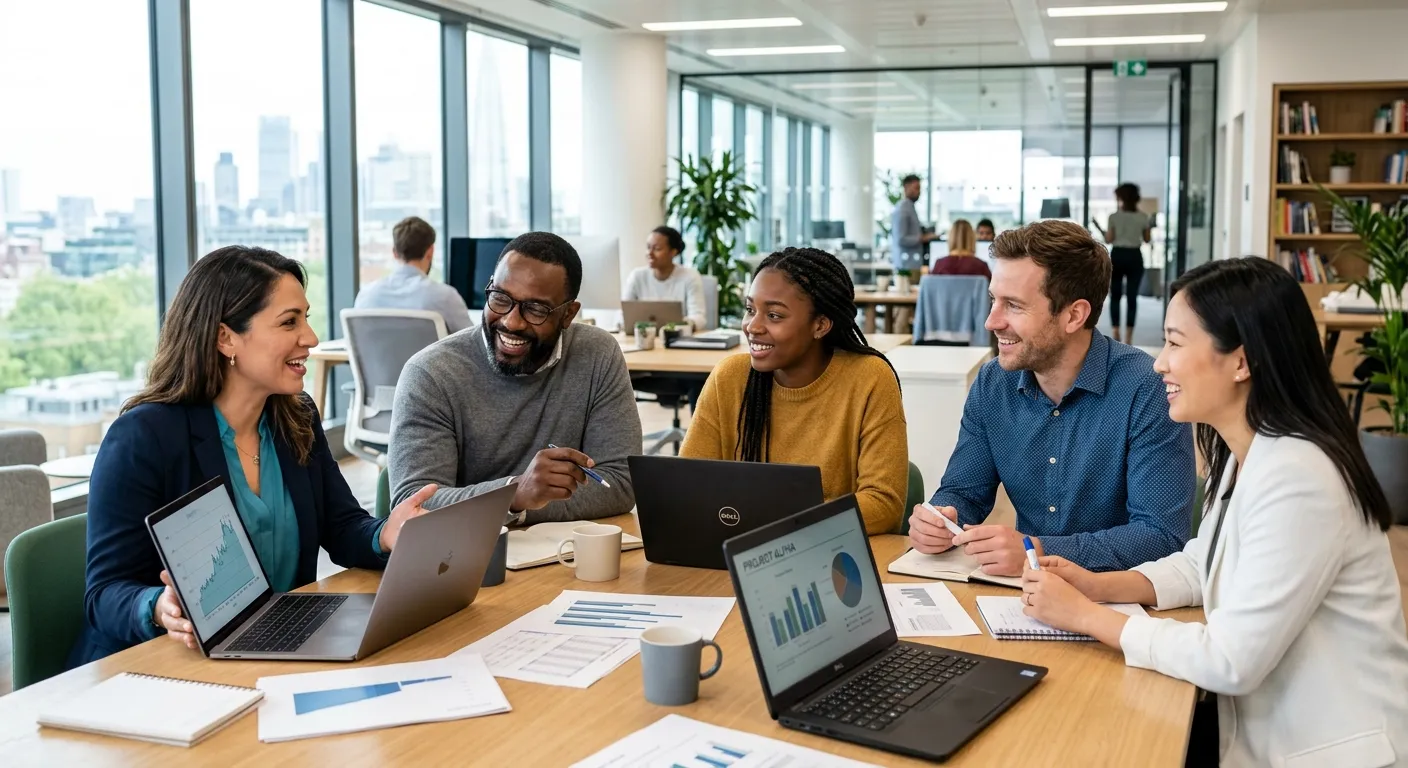 A professional, diverse team of employees collaborating in a modern office environment, smiling and... A professional, diverse team of employees collaborating in a modern office environment, smiling and discussing a project. Style: Bright, high-resolution, authentic corporate photography. Mood: Collaborative, successful, and forward-looking.