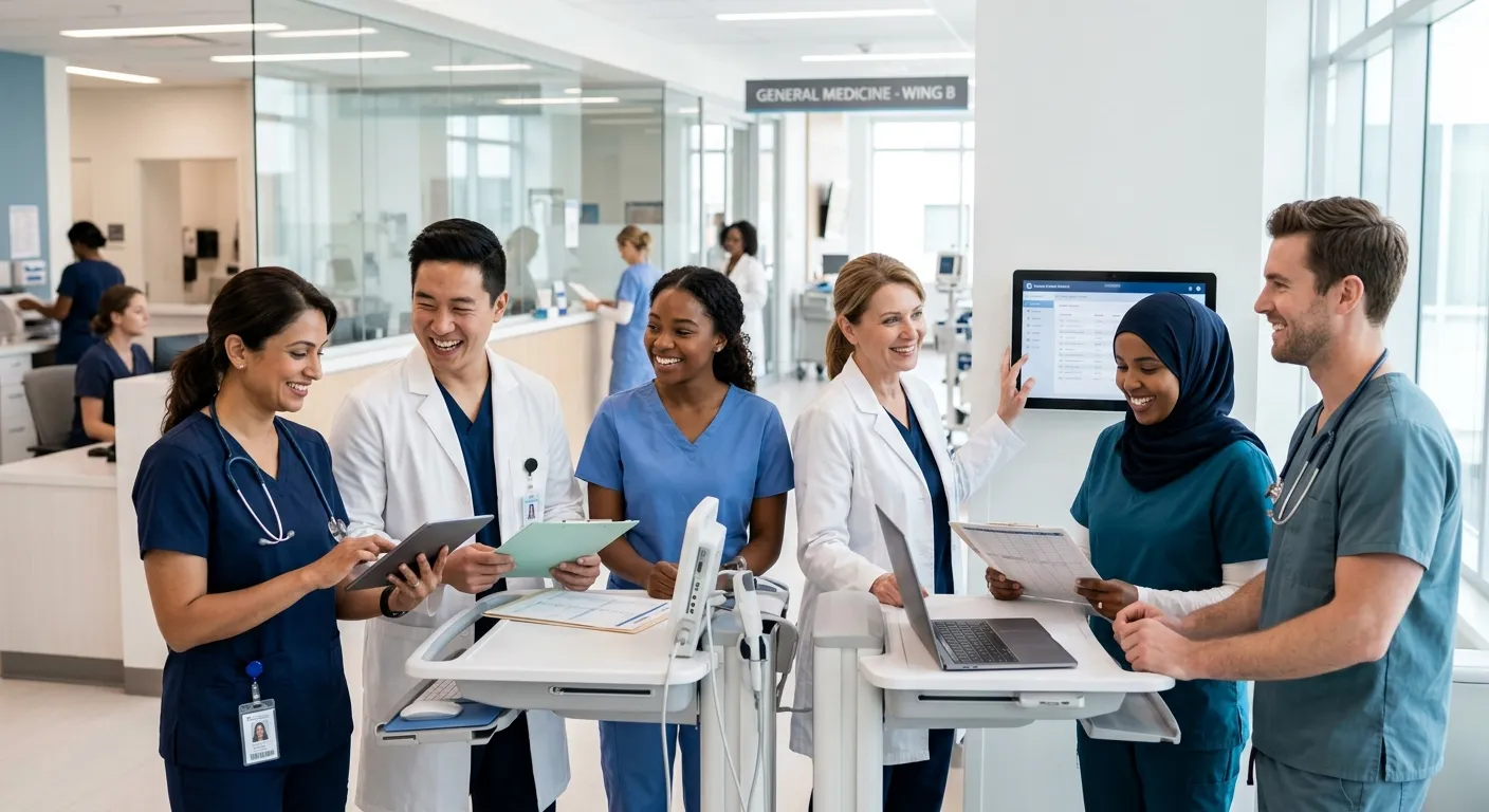 A professional, high-resolution image of a diverse team of healthcare professionals in a modern clinic or hospital setting, smiling and collaborating. The mood is trustworthy, competent, and solution-oriented.