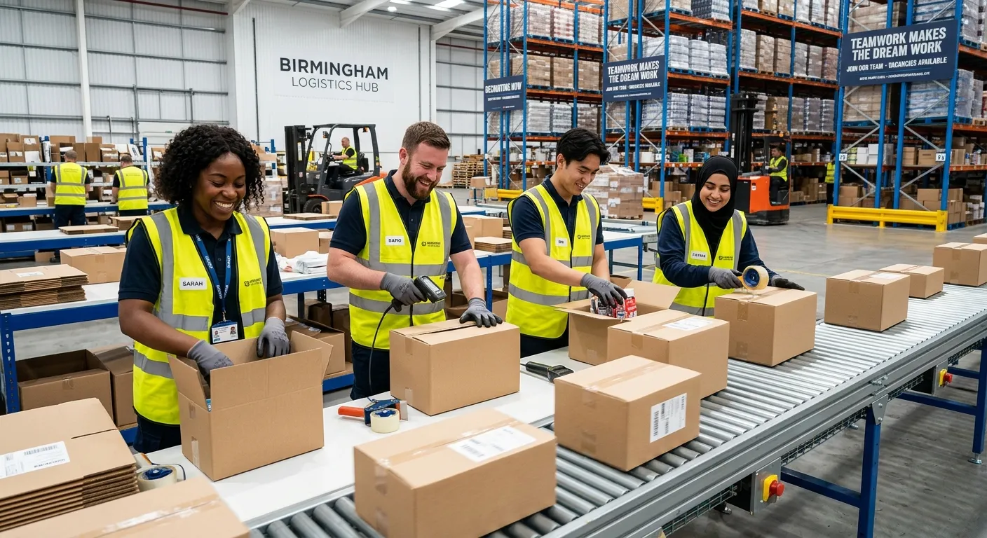 A professional, high-energy photo of a diverse team of Warehouse Operatives and Picker Packers in a... A professional, high-energy photo of a diverse team of Warehouse Operatives and Picker Packers in a modern, clean Birmingham warehouse. They are efficiently packing boxes on a conveyor belt, smiling and collaborating. The style is vibrant, realistic, and conveys a sense of teamwork and immediate opportunity.