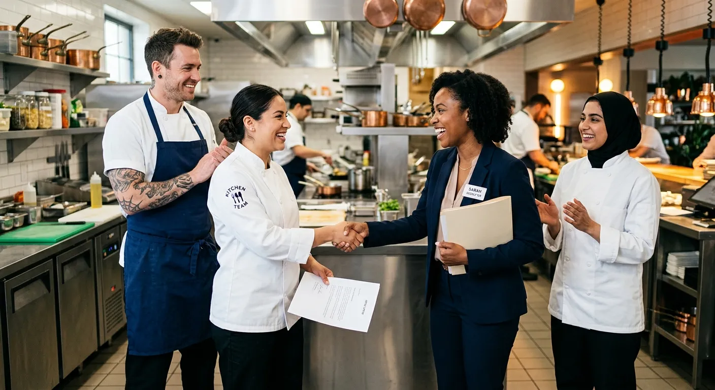A diverse group of professional chefs and hospitality workers in a modern, bright kitchen, shaking h... A diverse group of professional chefs and hospitality workers in a modern, bright kitchen, shaking hands with a recruiter, symbolizing a successful temp-to-hire placement. Professional, high-energy, and welcoming mood.