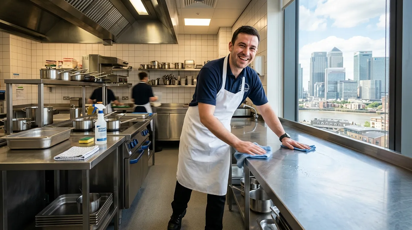 A dynamic, professional hero image showing a smiling kitchen porter in a clean school kitchen environment, wearing a white apron, wiping down stainless steel surfaces. The mood is positive, hygienic, and energetic, with a focus on the Canary Wharf skyline visible through a window.