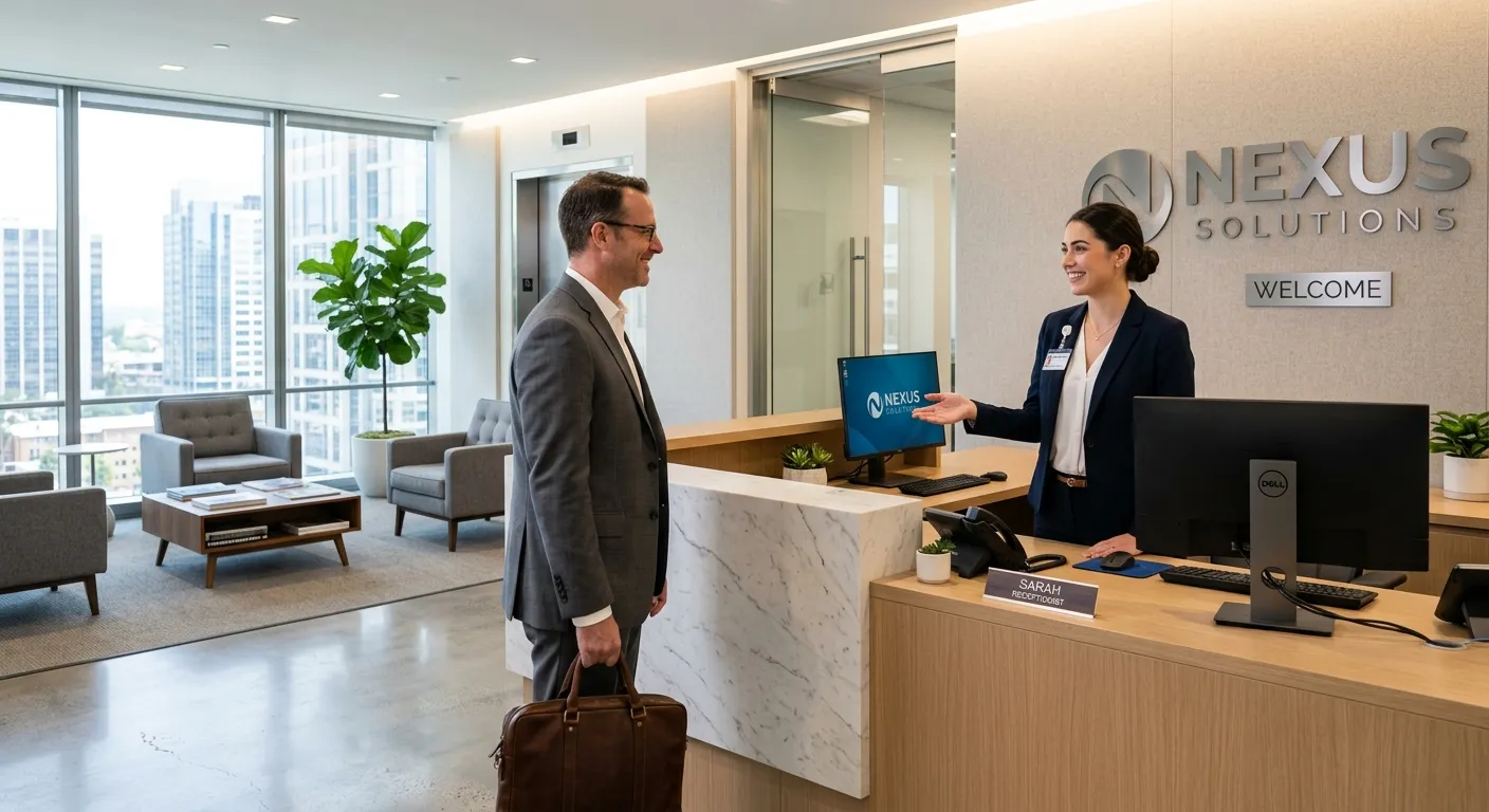 A modern, professional office reception area with a well-dressed receptionist greeting a visitor. Th... A modern, professional office reception area with a well-dressed receptionist greeting a visitor. The style is bright, crisp, and corporate, emphasizing organization and a welcoming first impression.