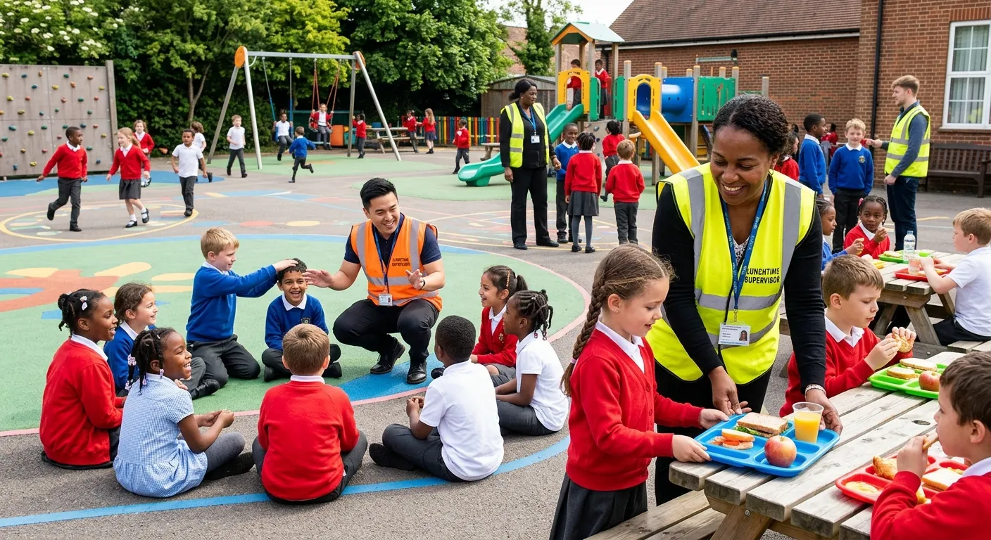 A diverse group of Lunchtime Supervisors in high-vis vests actively engaging with primary school chi... A diverse group of Lunchtime Supervisors in high-vis vests actively engaging with primary school children in a colourful playground, one is leading a game, another is assisting a child with a lunch tray.