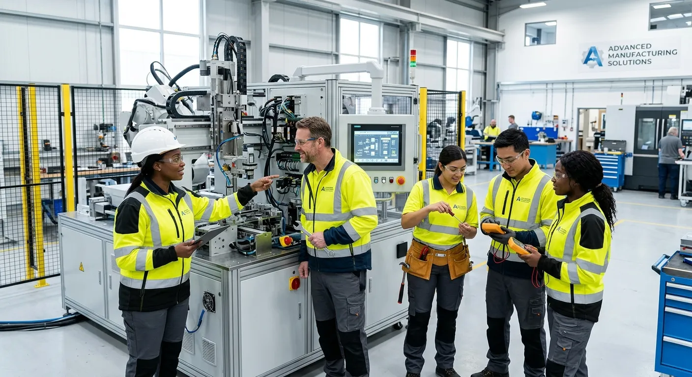 A diverse team of maintenance engineers in high-visibility jackets collaborating on a modern industrial machine in a well-lit, clean facility. Style: Professional, dynamic, and bright. Mood: Collaborative, skilled, and efficient.