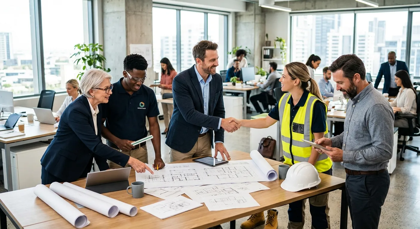 A dynamic, professional photograph of a diverse team of modern workers in a collaborative office setting, some in business attire, others in skilled trade uniforms, shaking hands and reviewing plans. Style: High-resolution, bright, optimistic, and professional.