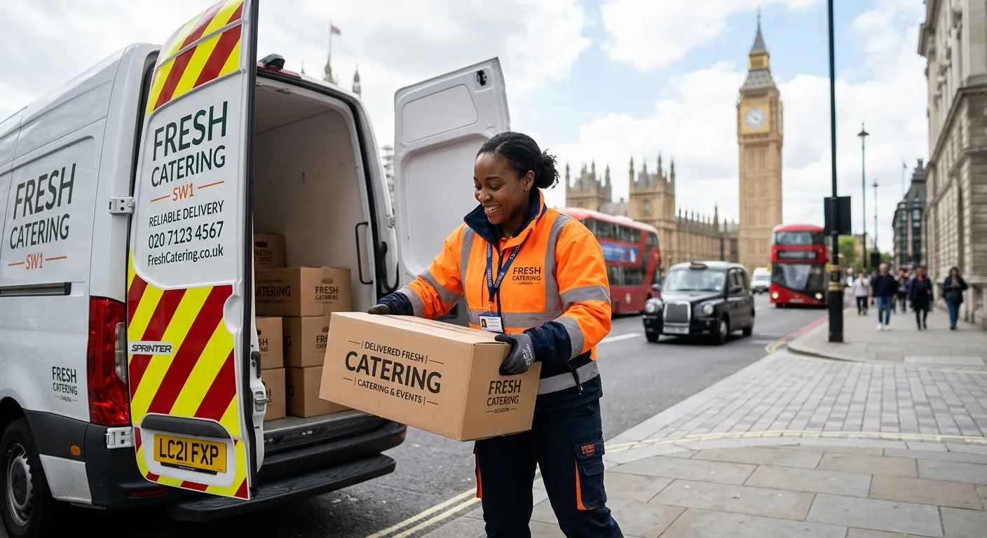 A professional, dynamic image of a friendly, reliable delivery driver in high-visibility clothing, loading catering boxes into a branded van on a street in central London SW1, with iconic landmarks like Westminster in the soft-focus background. The mood is efficient, trustworthy, and active.
