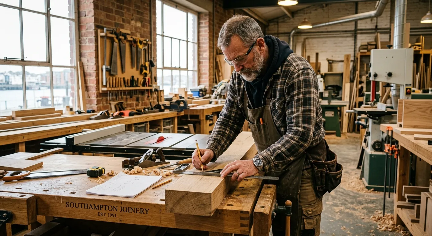 A professional, well-lit image of a skilled carpenter/joiner in a workshop in Southampton, carefully measuring and cutting timber. The mood is focused, skilled, and reliable.