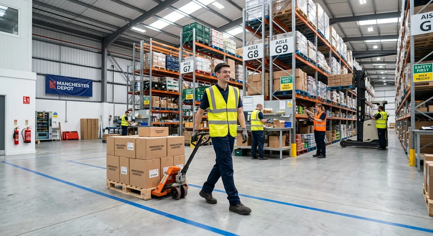 A professional, well-lit photograph of a modern, organised warehouse in Manchester. A Warehouse Assi... A professional, well-lit photograph of a modern, organised warehouse in Manchester. A Warehouse Assistant in high-visibility clothing is safely operating a pallet truck, with other team members in the background. The image conveys efficiency, teamwork, and a clean, safe working environment.