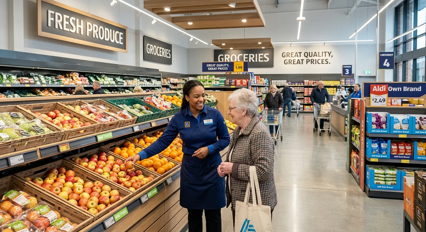 A professional, high-contrast image of a modern Aldi store interior with friendly staff in uniform a... A professional, high-contrast image of a modern Aldi store interior with friendly staff in uniform assisting a customer, showcasing a bright, clean, and efficient retail environment.