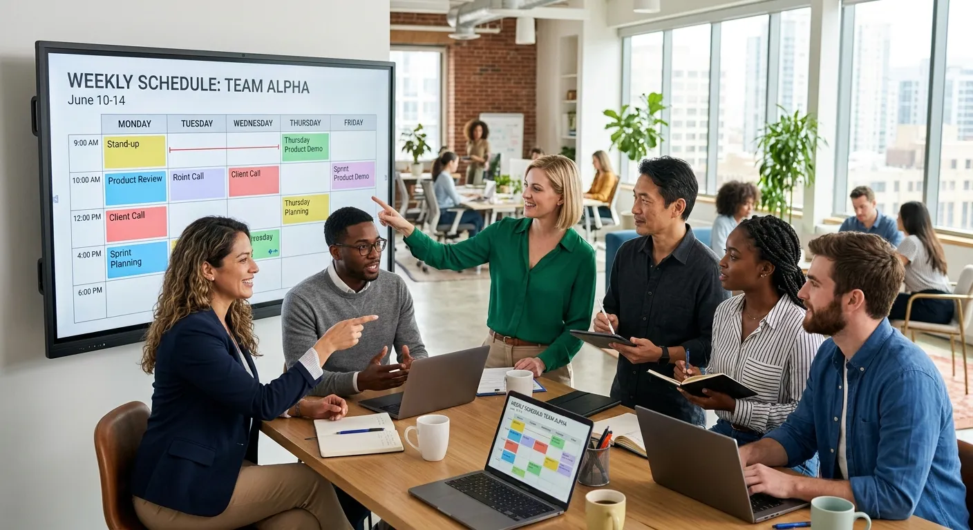 A diverse team of modern professionals in a bright, collaborative office setting, looking at a large digital screen displaying a weekly schedule. Style: Professional, bright, aspirational. Mood: Productive, organized, and inclusive.