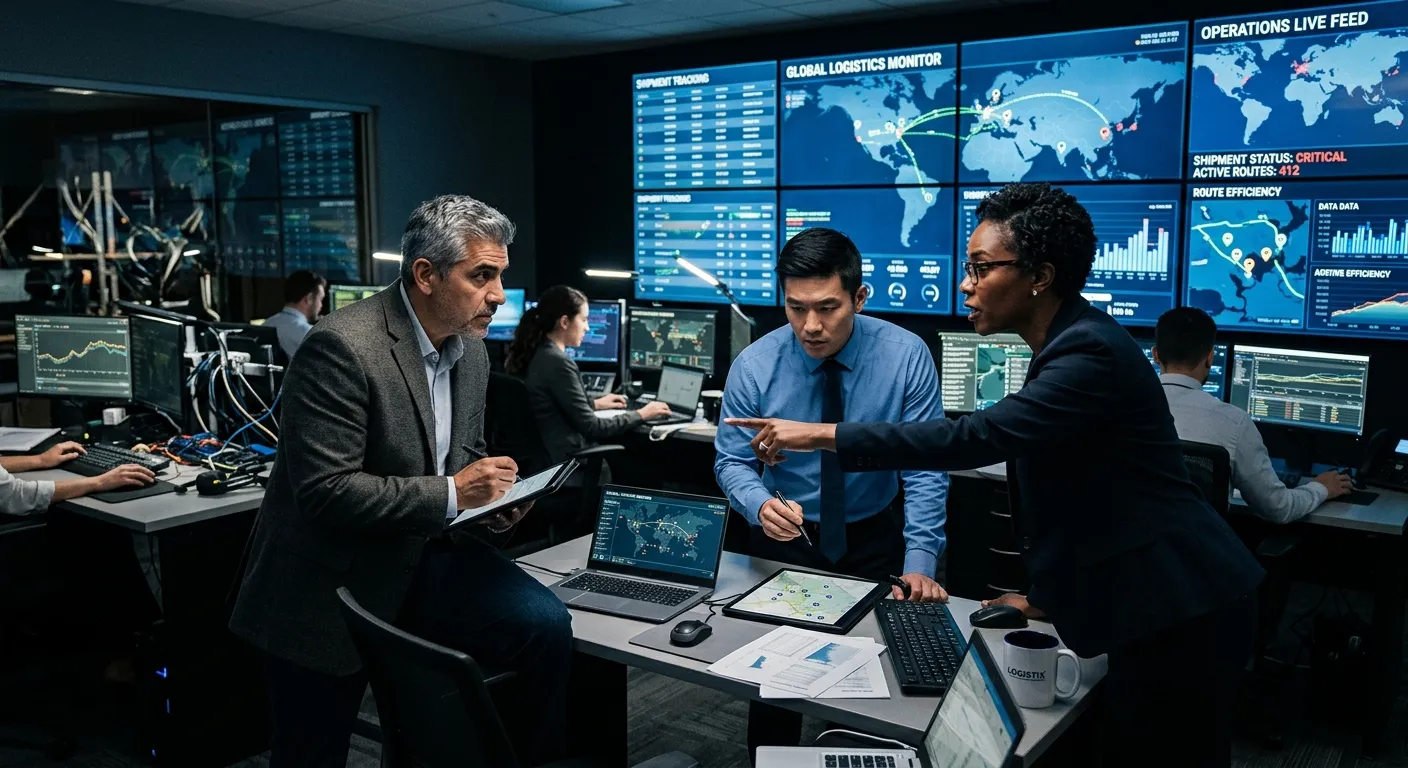 A professional, slightly dramatic shot of a modern, well-lit business control room or operations centre. A diverse team of managers is looking at multiple screens displaying logistics data, with a sense of urgent but controlled activity. Style: Corporate, high-contrast, mood: decisive and professional.