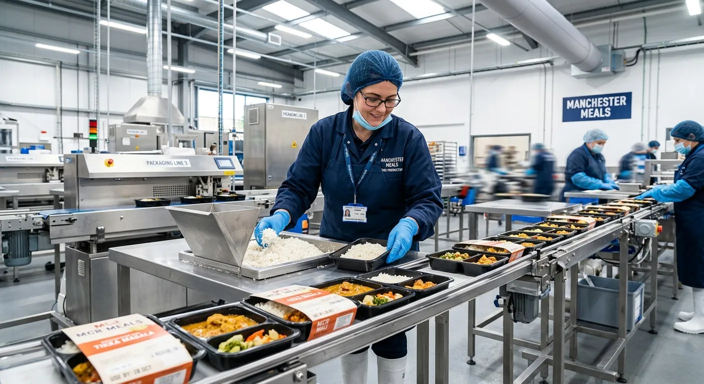 A dynamic, professional shot of a Food Production Operative in a clean, modern Manchester food manufacturing facility, wearing hygienic PPE, assembling pre-packaged meals. The mood is energetic, efficient, and focused.
