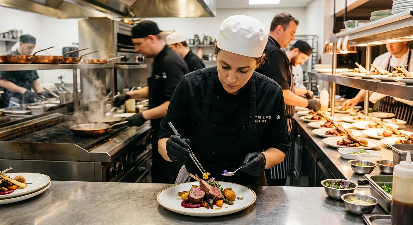 A Chef de Partie carefully plating up dishes in a busy, high-end event kitchen during a wedding service, showing concentration and a beautifully arranged plate