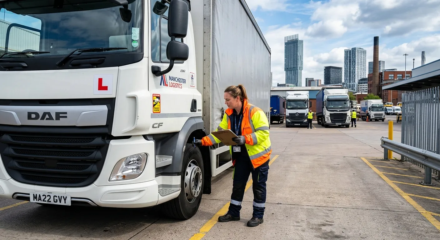 A professional HGV Class 2 Driver in high-visibility clothing, safely conducting a vehicle check on a modern lorry in an urban distribution yard in Manchester, with cityscape buildings in the background. Style is realistic, professional, and aspirational.
