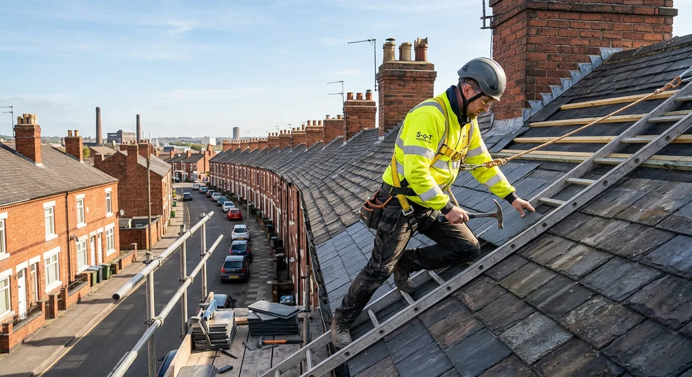 Professional photo of a roofer on a roof in Stoke-on-Trent, wearing high-vis gear and safety harness, working on slate tiles on a traditional terraced house, sunny day