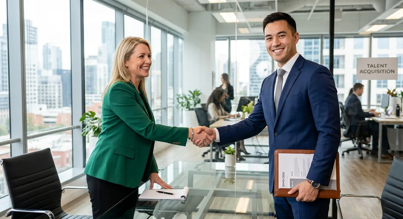 A professional, confident job seeker shaking hands with a headhunter in a modern office setting, both smiling. Style is crisp, bright, and aspirational.