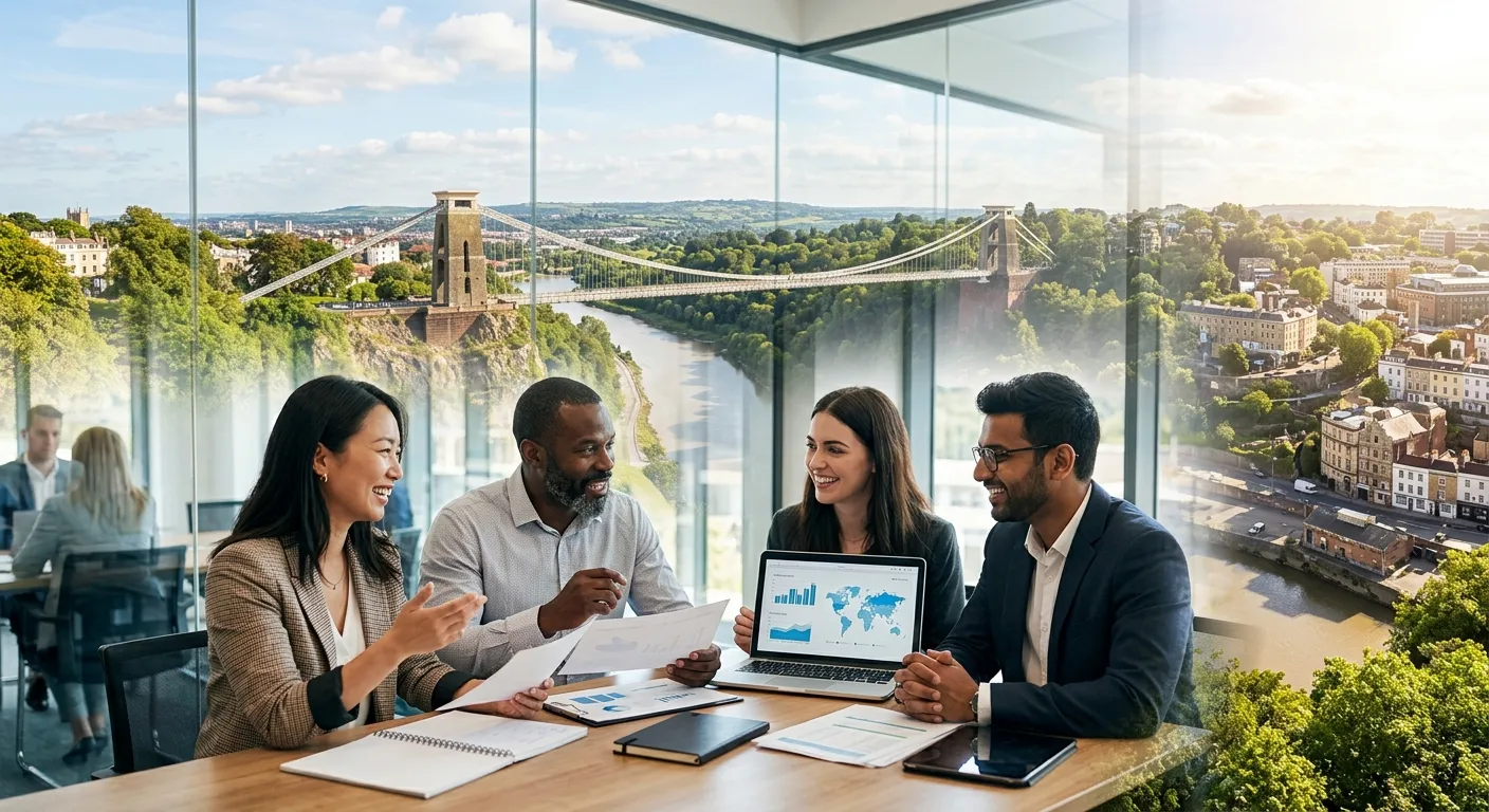 A dynamic, professional photo of the Bristol cityscape (Clifton Suspension Bridge visible) overlaid with a diverse group of professionals collaborating in a modern office, symbolising connection and opportunity. Style: Bright, optimistic, professional. Mood: Energetic and trustworthy.