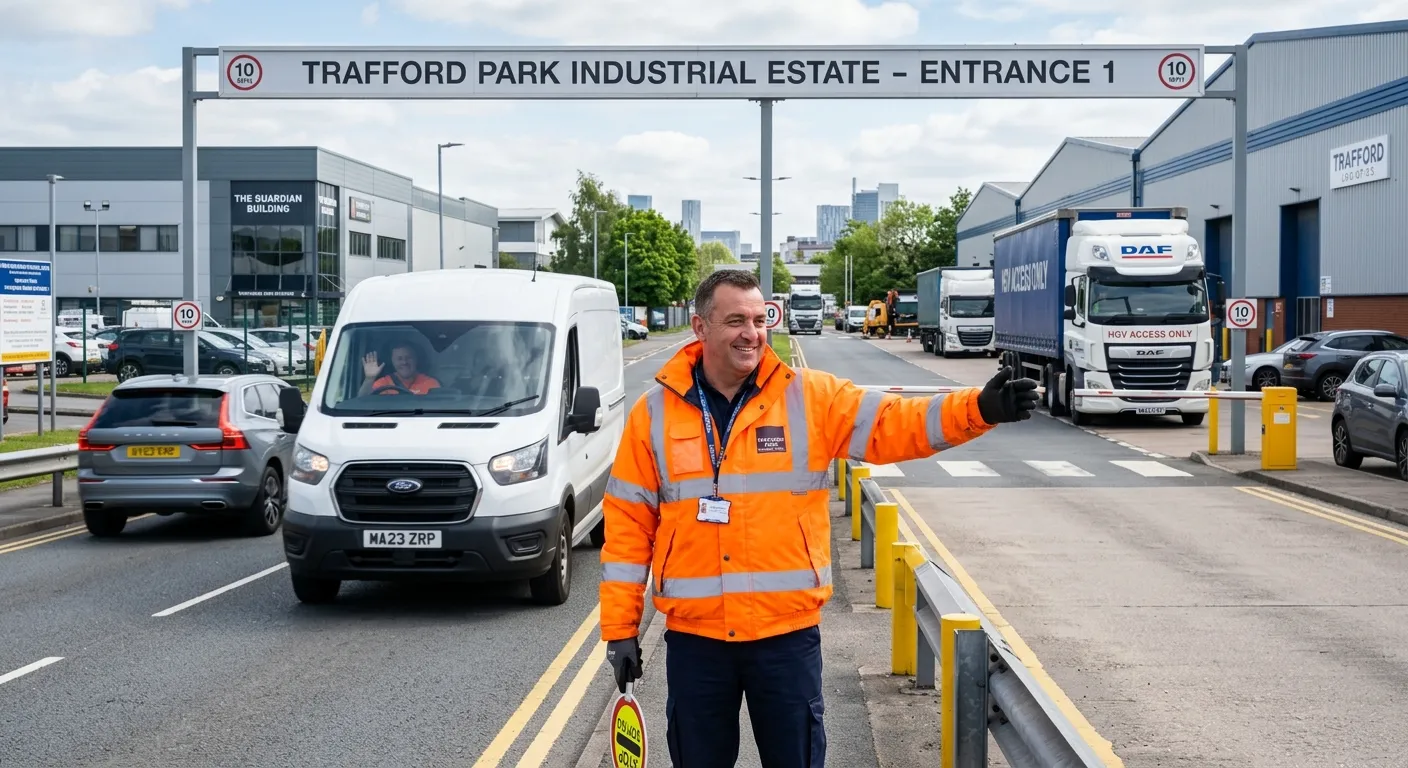 A professional, well-lit photo of a friendly Parking Attendant in a high-vis jacket, directing traffic at the entrance of a modern industrial estate in Trafford Park, Manchester. The image should convey professionalism, safety, and a busy, operational environment.